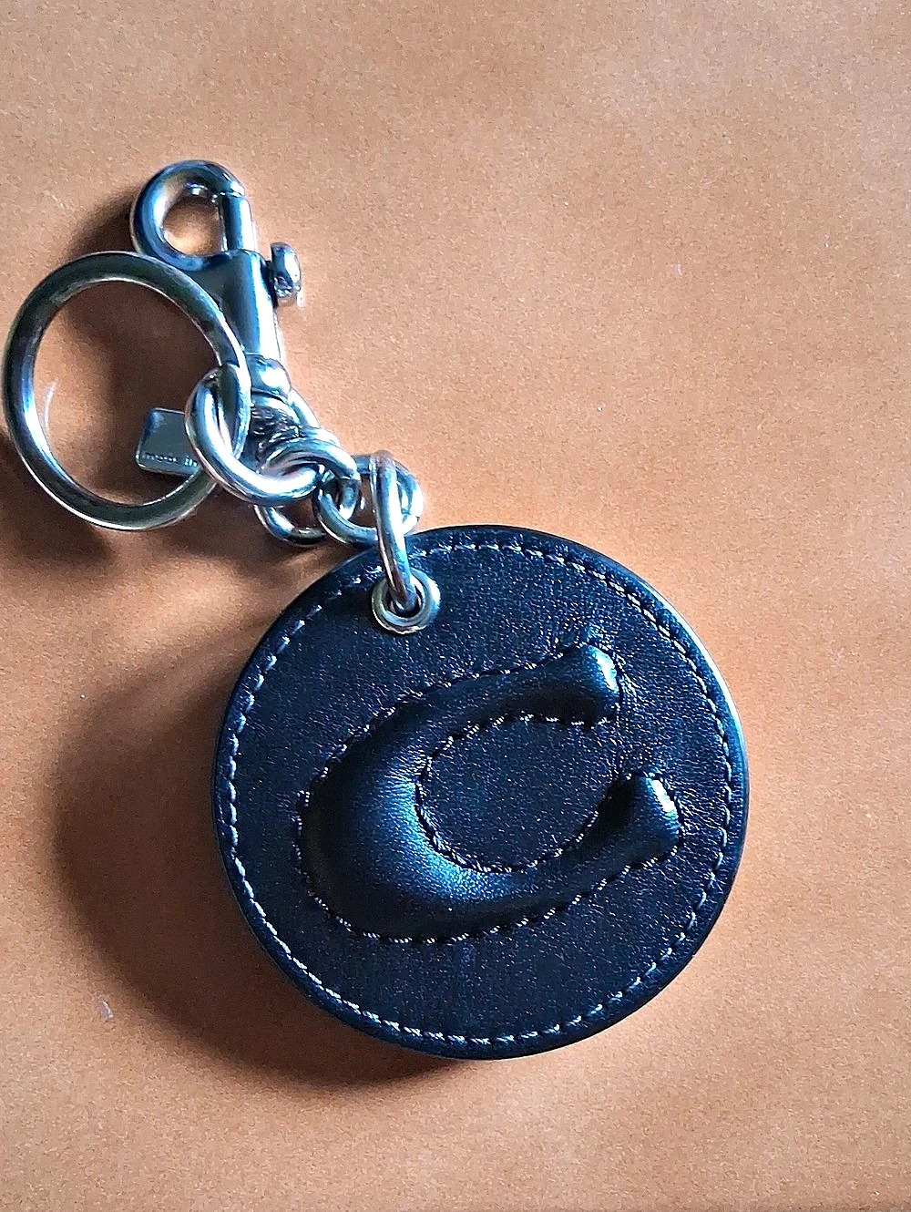 Coach Round Leather Compact Mirror Bag Charm Keychain Black
